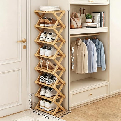 Narrow Shoe Rack, Foldable Bamboo Shoes Shelf for Small Spaces, Multifunctional Vertical Shoe Organizer Tall for Entryway, Closet, Corner, Bedroom, Hallway (Wood Color, 8 Layers)