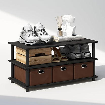 Furinno Turn-N-Tube Shoe Rack, 3-Tier Compact Shoe Organizer, Toolless Shoe Storage with Bin Drawers and Open Shelves, 15.5 x 31.2 x 15.4, for Closet Entryway, Office, Garage, Black Oak