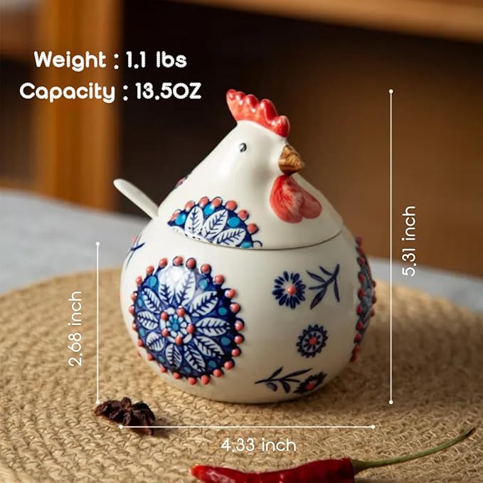 13.5 Oz Salt Cellar With Lid and Spoon (Blue)- Ceramic Chicken Spice Jars for Salt, Sugar, Pepper - Spice Containers for Countertop