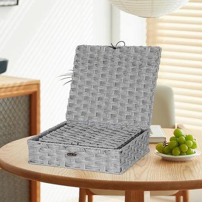 Plastic Wicker Storage Baskets with Lids, 2-Pack Woven Rattan Organizer Bins with Locking Button, Decorative Flat Storage Boxes, 11"x9.25"x2.75" & 13"x11.2"x3.5", Gray