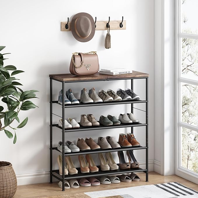 INGIORDAR Shoe Rack Organizer 5 Tier Metal Organizer Shelf with Industrial MDF Board and Layer Fabric for Entryway Closet Bedroom Living Room Garage,Black & Rustic Brown (Black+Rustic Brown, 5 Tier)