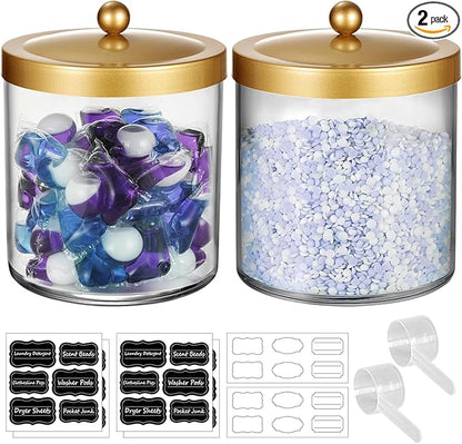 Amolliar 50 Oz Apothecary Jar - 2 Pack Clear Container with Stainless Steel Lid, Plastic Jar for Laundry Room Organization & Pods Storage, Bathroom Vanity Organizer, Kitchen Countertop Decor (Gold)
