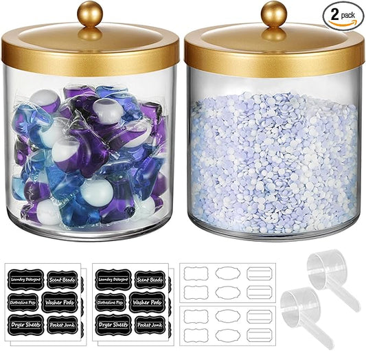 Amolliar 50 Oz Apothecary Jar - 2 Pack Clear Container with Stainless Steel Lid, Plastic Jar for Laundry Room Organization & Pods Storage, Bathroom Vanity Organizer, Kitchen Countertop Decor (Gold)