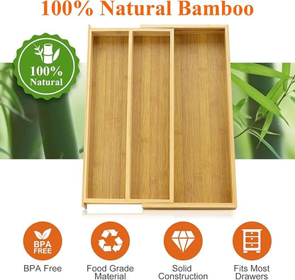 Large Bamboo Silverware Drawer Organizer Tray Kitchen Tool Drawer Divider Organizers Storage Expandable Cooking Utensil Organizer Wooden Cutlery Tray Spoon Flatware Organizers Utensil Holder Drawers