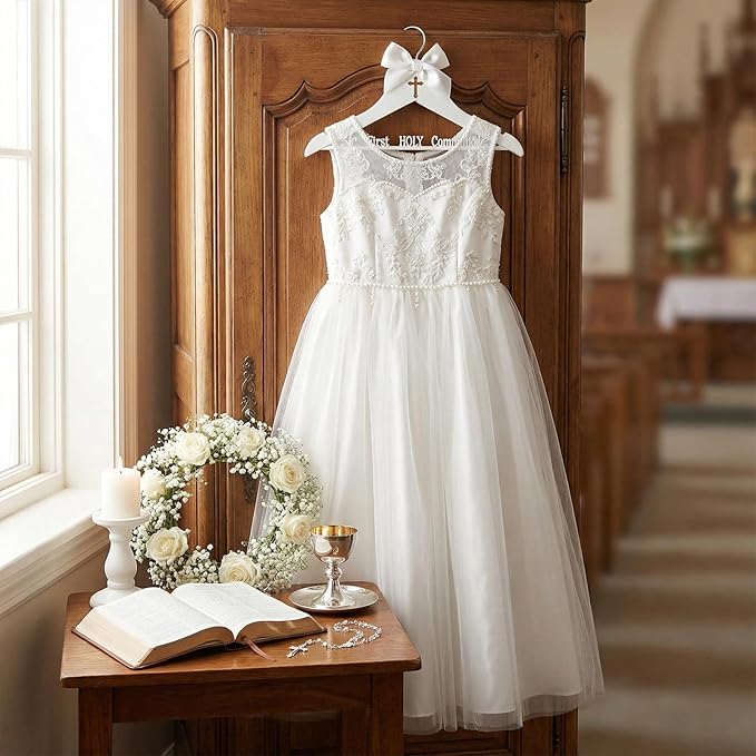 Reallnaive First Holy Communion Hanger First Communion Gift White Bow Dress Hanger 1st Holy Eucharist Party Favors Cross Gift Holiday Ceremony Decoration