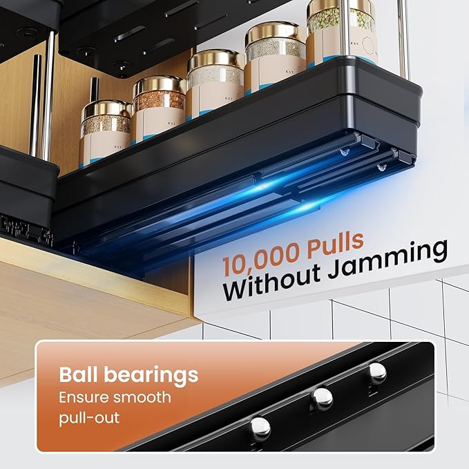 Mystozer Pull Out Spice Rack Organizer for Cabinet, Slide Out Spice Racks Organizer, Easy to Install Spice Cabinet Organizers, 2.3''Wx10.66''Dx8.11''H, 3 Packs - 2 Tiers (Black)