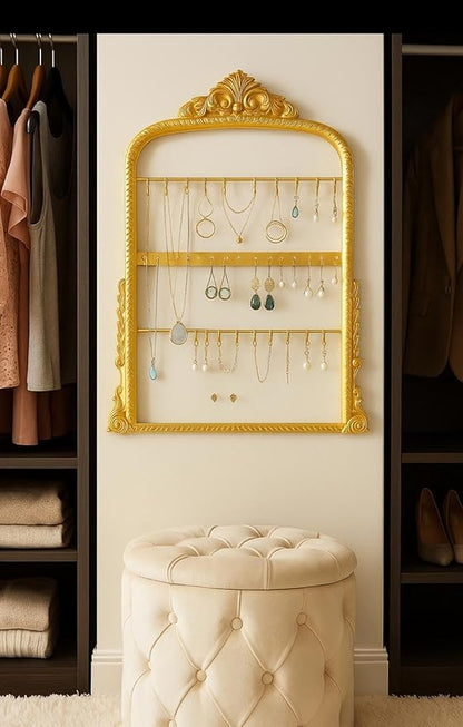 Vintage Gold Jewelry Organizer Wall Mount, Victorian Style Decorative Frame with Multiple Hooks and Bars, Ornate Necklace Earring Display Holder
