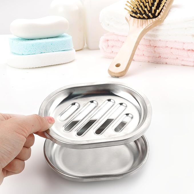 Soap Dishes Stainless Steel Soap Dish Chrome Soap Dish for Bathroom Double Layer Draining, Soap Box with Drainage, Shower Countertop Soap Holder Tray (Striped)