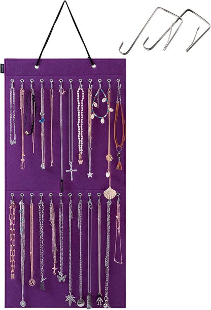 Wall Hanging Jewelry Organizer Storage with 24 Hook Wall Mounted Jewelry Display Hanging on Door Closet Necklace Holder for Bracelet Ring Chain-Patent Design(Purple)
