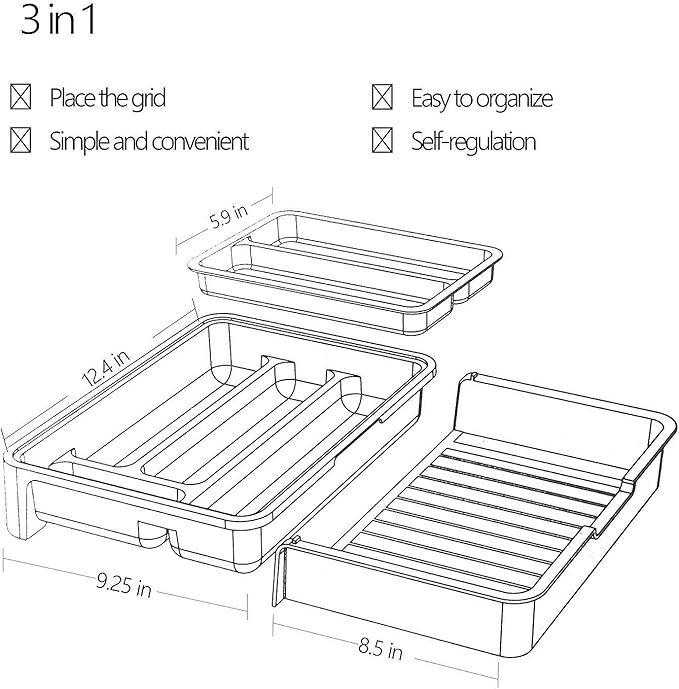 HornTide 3-in-1 Cutlery Tray, Expandable Utensils Holder, Plastic Kitchen Drawer Organizer for Silverware Storage and More - Gray