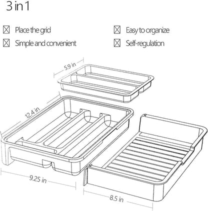 HornTide 3-in-1 Cutlery Tray, Expandable Utensils Holder, Plastic Kitchen Drawer Organizer for Silverware Storage and More - Gray