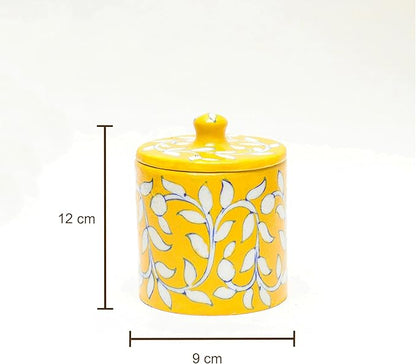 Decorative Bathroom Ceramic Jar with Lid - Dispenser Apothecary Vanity Canister for Cotton Balls, Rounds, Pads, Swabs, Makeup Sponges, Hair Accessories, Q-Tips - Storage Container 4.7x3.5 Inch