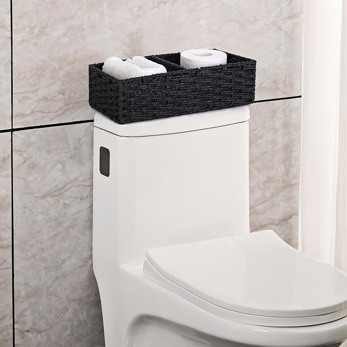 Vagusicc 2 Section Wicker Storage Basket, Black Wicker Baskets, Toilet Tank Basket, Small Baskets for Organizing Storage Shelves, 2-Pack