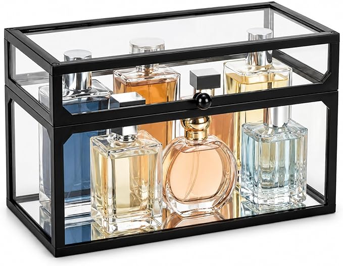 Cologne Organizer for Men, Glass Perfume Organizer Box with Flip Top Lid, Dustproof Perfume Storage Case, Clear Cologne Holder for Vanity, Bathroom Countertop, Watch, Jewelry, Fragrance Display, Black