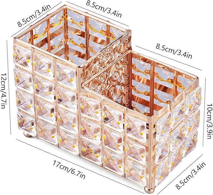 K COOL Crystal Makeup Brush Holder 2 Slot Hexagon Cosmetics Brush Eyeliner Display Cup Home Decorative Makeup Organizer Tabletop Candle Pen Pencil Holder for Office Hotel Dresser Bathroom-Gold