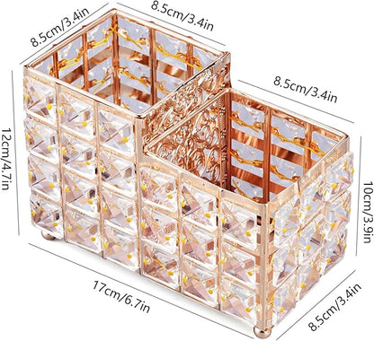 K COOL Crystal Makeup Brush Holder 2 Slot Hexagon Cosmetics Brush Eyeliner Display Cup Home Decorative Makeup Organizer Tabletop Candle Pen Pencil Holder for Office Hotel Dresser Bathroom-Gold