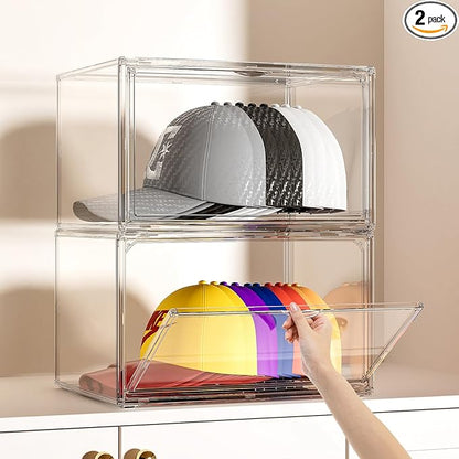 Hat Organizer Box, 2 Pack Hat Storage for Baseball Caps, Stackable Cap Hat Container Holder Rack with Magnetic Lids, Dustproof and Waterproof Acrylic Dispaly Case