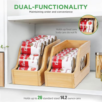 2 Pack Bamboo Can Organizer for Pantry, Soda Can Dispenser Rack Drink Holders Stackable Canned Goods Storage for Pantry Kitchen Cabinet Up To 30 Cans