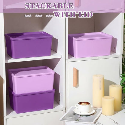 Menkxi 4 Pcs Storage Bins with Lids Plastic Stackable Containers for Organizing Shelves Christmas Ornament Box Baskets(Dark Purple, Light Purple,Small)