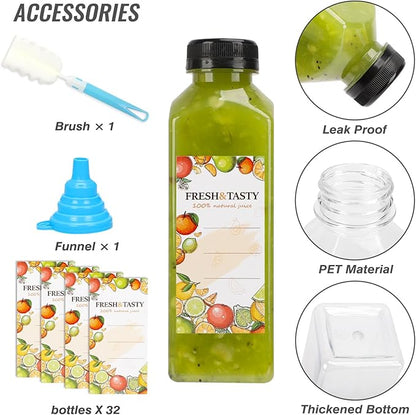 TOMNK 32pcs 16oz Plastic Juice Bottles with Lids, Juice Containers with Caps and Labels, Funnel, Brush, Beverage Containers for Juicing, Smoothies, Tea, Milk
