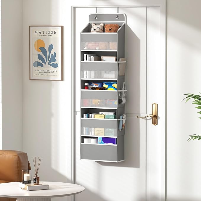 Kaitiemoo 1 Pack 5-Tier Over the Door Organizer, Heavy-Duty Large Deep Pocket Hanging With 5 Large Front & 6 Side Pockets With for Pantry, Kitchen, Bathroom, Dorm, Grey