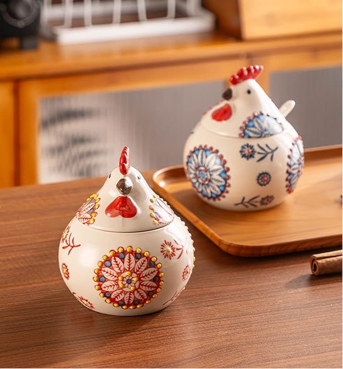 Ceramic Chicken-Shaped Seasoning Jar, Kitchen Condiment Box with Spoon and Lid, Moisture-Proof Household Storage Container (Blue)