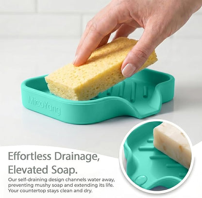 MicoYang Silicone Bathroom Soap Dishes with Drain Spout-Bathroom and Kitchen Sink Organizer,Sponge Holder,Dish Soap Tray,Perfect for Dispenser,Scrubber,Bottle,Cup on Sink or Counter-Mint 4.9"×3.2"