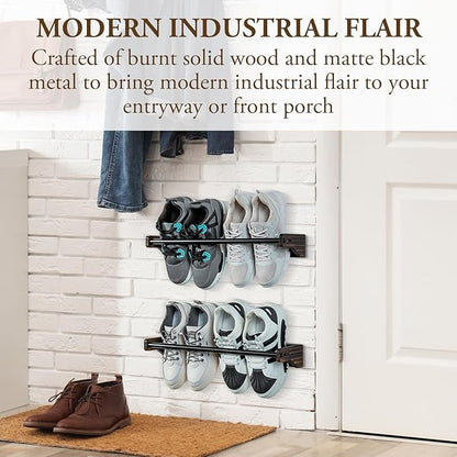 MyGift Wall Mounted Hanging Shoe Rack, Urban Industrial Burnt Solid Wood Shoe Holder Storage Organizer with Matte Black Metal Rails and Adjustable Sizing, Set of 2
