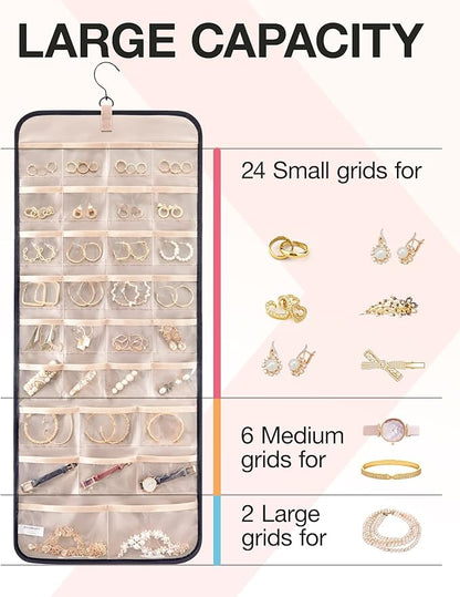 BAGSMART Hanging Jewelry Organizer Storage Roll with Hanger Metal Hooks Double-Sided Jewelry Holder for Earrings, Necklaces, Rings on Closet, Wall, Door, 1 piece, Large, Black
