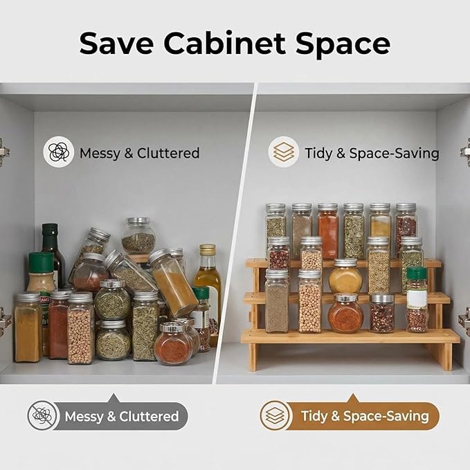 JinDoWin 3 Tiered Spice Rack Organizer for Cabinet,Spice Organization for Cabinet,Seasoning Organizer,Spice Shelf and Spice Organizer for Cabinet,Pantry Organizers and Storage (1 Pack, Medium)