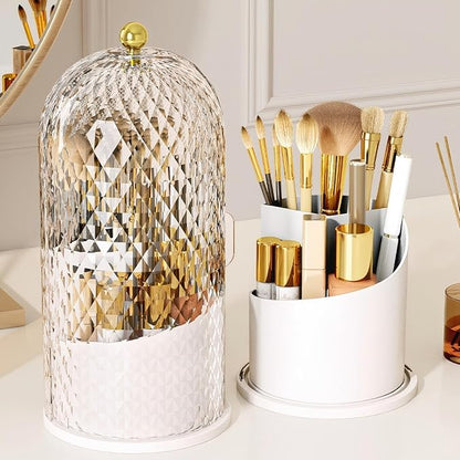 Makeup Brush Holder with Lid,Makeup Brush Storage Box with Diamond Pattern,360 Rotating Waterproof and Dustproof Beauty Brushes Storage for Vanity Bathroom,White