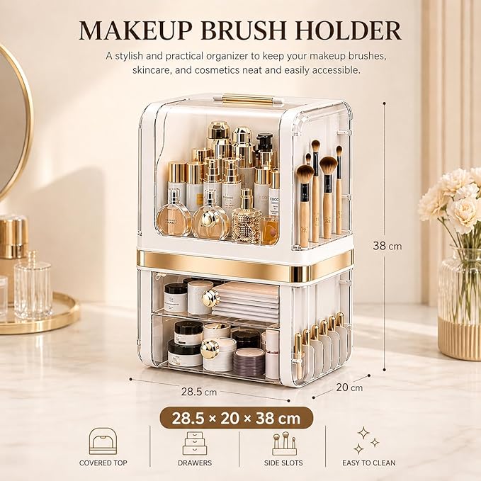Makeup Organizer with Drawers, Large Acrylic Dustproof Cosmetic Storage Box with Lid, 2-Layer Vanity Organizer for Skincare, Perfume & Bathroom Countertop (28.5 × 20 × 38 cm)