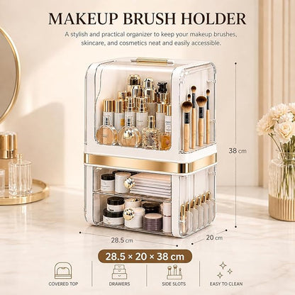 Makeup Organizer with Drawers, Large Acrylic Dustproof Cosmetic Storage Box with Lid, 2-Layer Vanity Organizer for Skincare, Perfume & Bathroom Countertop (28.5 × 20 × 38 cm)