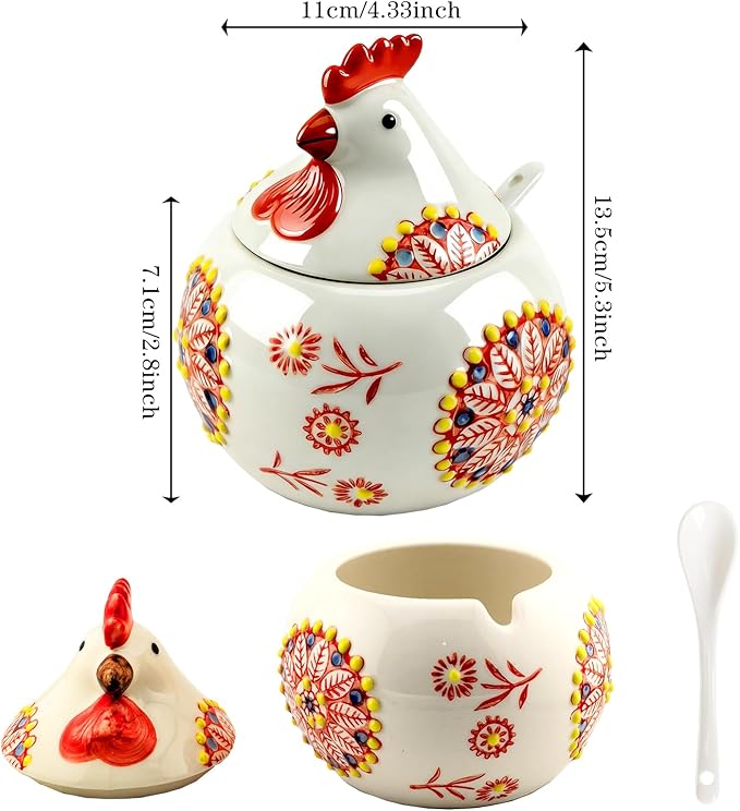 Ceramic Salt Cellar with Lid and Spoon 13oz Large Chicken Rooster Cookie Jar Salt Containers Holder for Counter, Coffee, Sugar, Spices and Candies Holder Ideal for Easter Day Home Kitchen Decor (Red)