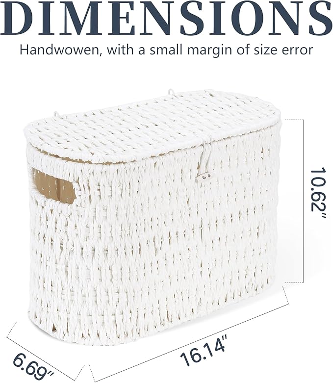 Coeusy Toilet Paper Storage Basket with Lid, Paper Rope Toilet Paper Holder for Up to 6 Mega Rolls, Wicker Basket for Bathroom Accessories Organizer, Boho Hand Woven Rattan Decorative Decor, White