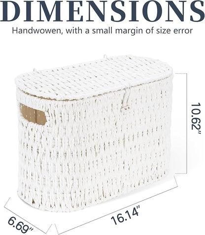 Coeusy Toilet Paper Storage Basket with Lid, Paper Rope Toilet Paper Holder for Up to 6 Mega Rolls, Wicker Basket for Bathroom Accessories Organizer, Boho Hand Woven Rattan Decorative Decor, White