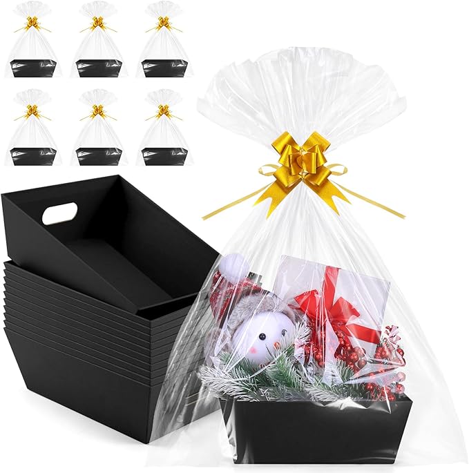 AFOROEOA 10PACK Baskets For Gifts Empty, 10 x 8” Thick Black Gift Basket with 10 Clear Gift Bags and 10 Pull Bows, Empty Gift Baskets for Christmas, Thanksgiving Wedding Birthday Party Wrapping Gift
