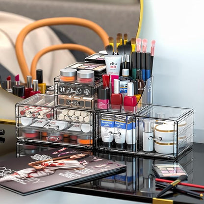Cq acrylic 3 Pack Clear Makeup Organizer Countertop,Stackable 8 Drawers Skin Care Organizer,Cute Make Up Organizers for Vanity Jewelry,Hair Accessory,Beauty,Skin Care,Skincare Product Desk Storage