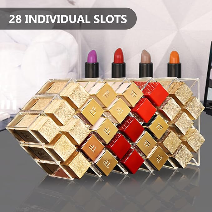 Lipstick Organizer, 28 Slots Acrylic Lip Holder, Stackable Lip Gloss Organizer, Fish Lipstick Tower Holder Storage for Cosmetic Bathroom Vanity Countertop Display (28 Slots)