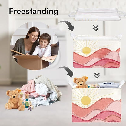Clastyle Pink Boho Pool Towel Beach Blanket Basket Summer Sunrise Holiday Outdoor Storage Bin Rectangle Collapsible Clothes Toy Book Shelf Basket