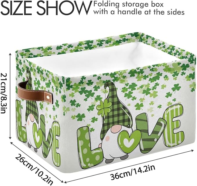 St Patrick's Day Gnome Storage Basket - Shamrock Clovers Cute Fabric Laundry Shelf - Large Foldable Storage Box Cube With Handle - Closet Bin Organizer for Kids Toys Cloth Bedroom