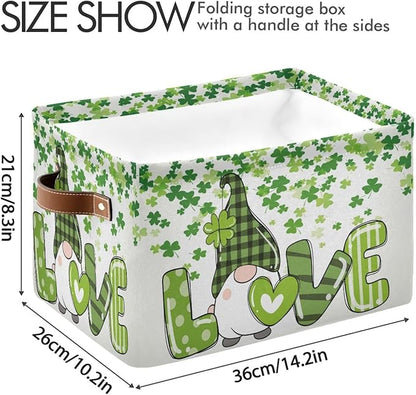 St Patrick's Day Gnome Storage Basket - Shamrock Clovers Cute Fabric Laundry Shelf - Large Foldable Storage Box Cube With Handle - Closet Bin Organizer for Kids Toys Cloth Bedroom