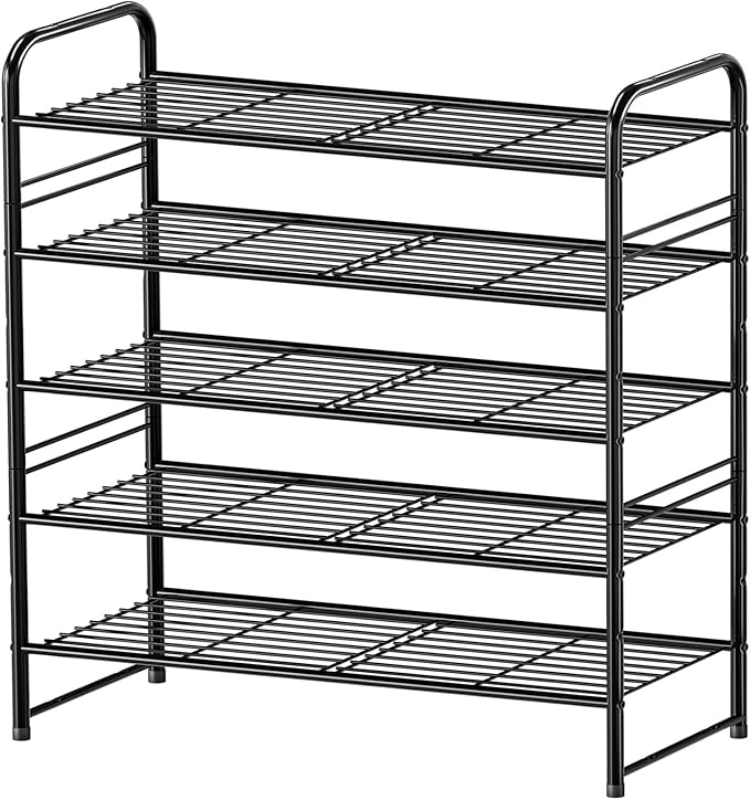 Standard Shoe Rack 5-Tier 32.5 Inches Wide, Free Standing Shoe Organizer for Indoor Outdoor | Adjustable Heavy-Duty Metal Shelf Ideal for Home Entryway Closet & Garage Balcony | Black