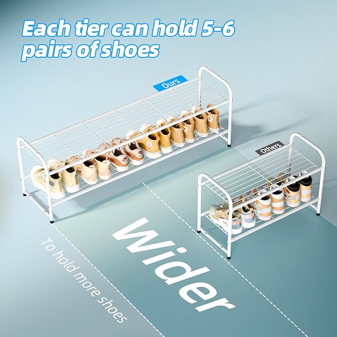 Shoe Rack for Closet, 2 Tier 44 Inch Extra Wide Shoe Storage Organizer for Shelves, Heavy Duty Metal, Easy Assembly, White