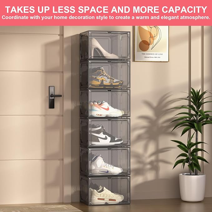 Shoe Box,Set of 6,Stackable Plastic Clear Shoe Box Organizer with Magnetic Door,Shoe Storage Box Thicken Sturdy,Easy Assembly,Fit up to US Size(Side opening door, Black)