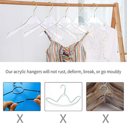 15 Pack Premium Quality Clear Acrylic Clothes Hangers - Clear & Gold Finish