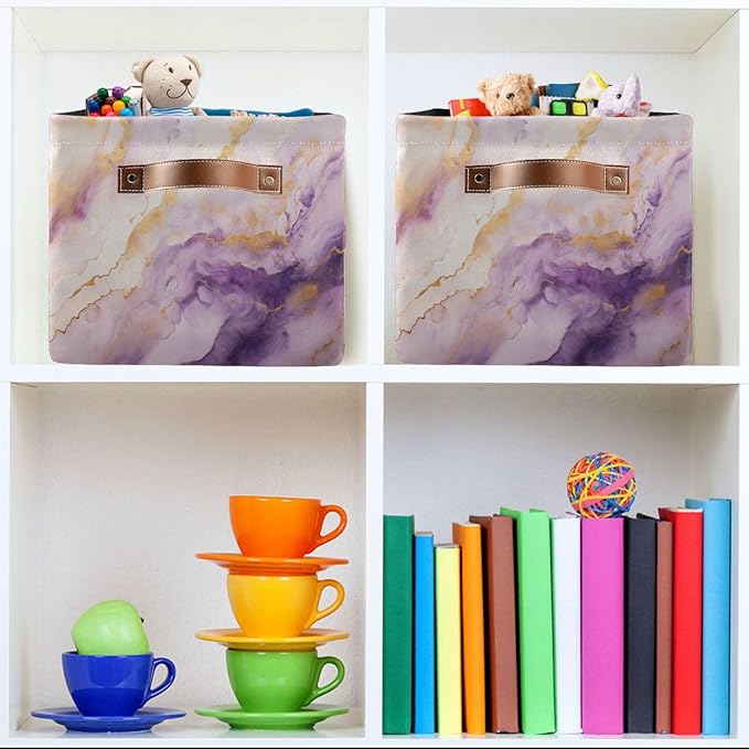 Large Storage Basket Purple Gold Marble Storage Bin Cube Canvas Fabric Organizer Handles Collapsible for Clothes Toys Bedroom Decorative