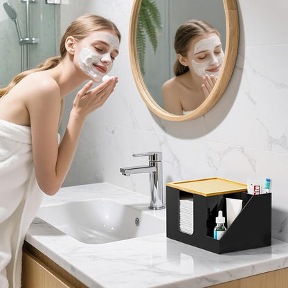 VITVITI Disposable Face Towel Holder Box, Acrylic Clean Skin Club Facial Towel Container with Toothbrush Holders, Large Disposable Face Towels Storage for Bathroom Vanity Makeup, Black