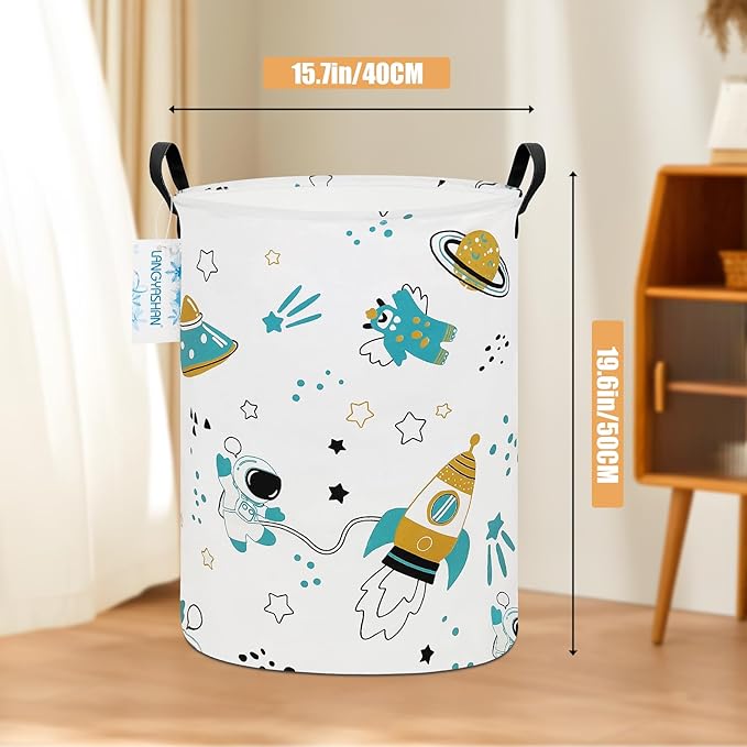 Storage Bin, Canvas Fabric Collapsible Organizer Basket for Laundry Hamper,Toy Bins,Gift Baskets, Bedroom, Clothes,Baby Nursery (Round space astronaut)