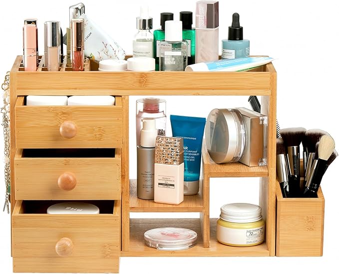 Elsjoy Large Countertop Bamboo Makeup Organizer with 3 Drawers, 12-Grid Lipstick Holder, Jewelry Hanging Hooks, Makeup Brush Holder, Desktop Wood Cosmetic Organizer Stand for Vanity